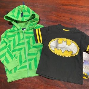 dinosaur hoodie and batman shirt
